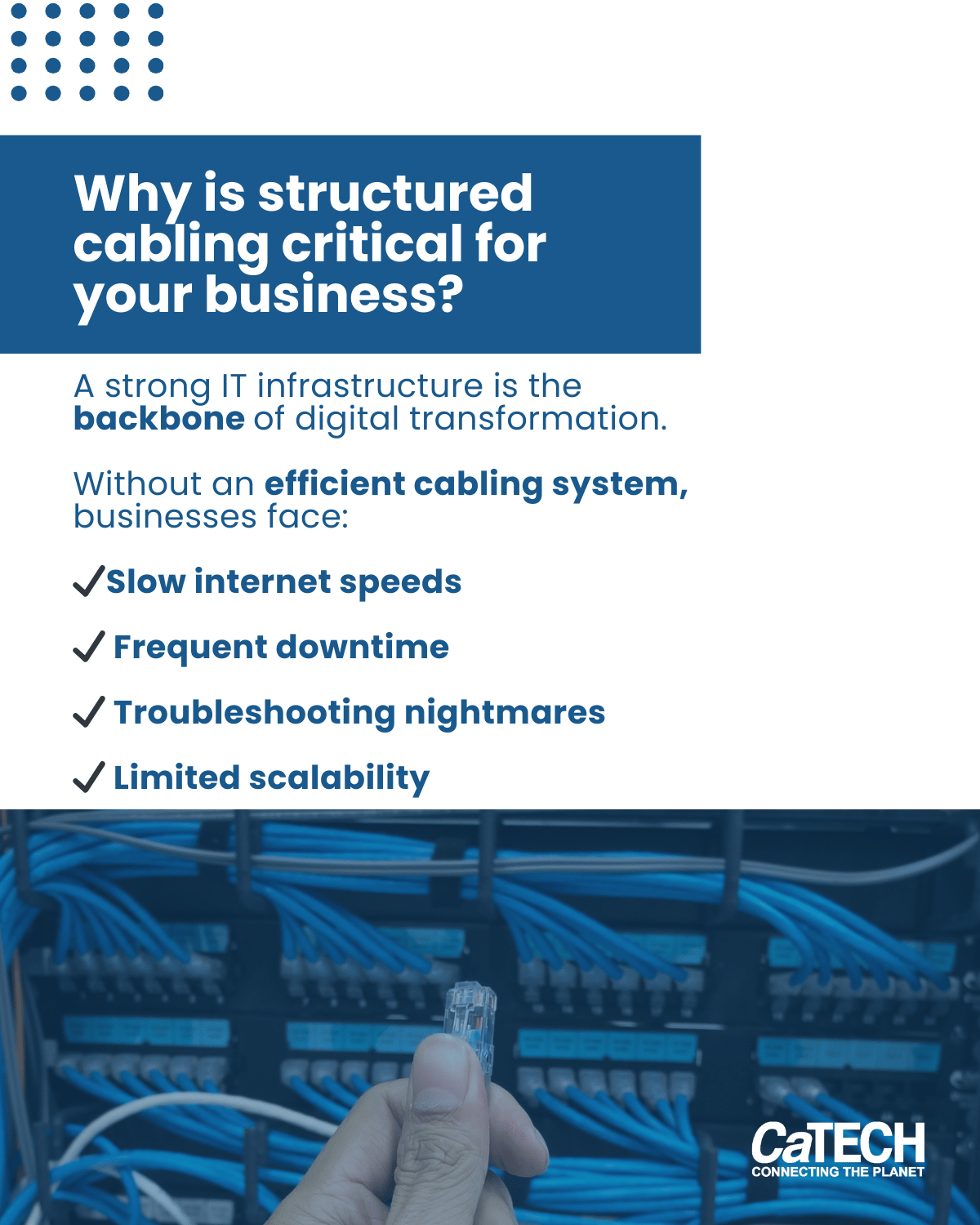 Infographic explaining structured cabling benefits, listing risks of poor systems, by CaTECH Systems 