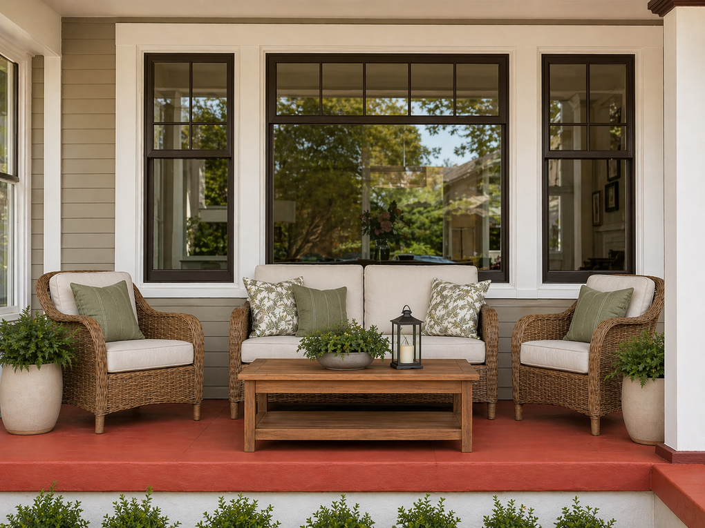 Front porch with wicker chairs, wooden coffee table, potted plants, and large windows on a red-painted floor.