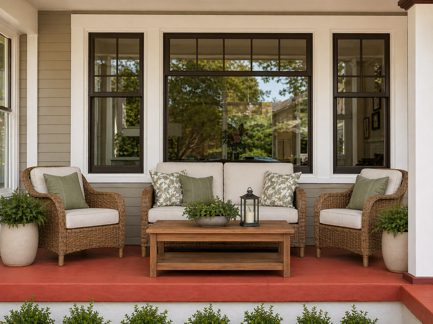 Front porch with wicker chairs, wooden coffee table, potted plants, and large windows on a red-painted floor.