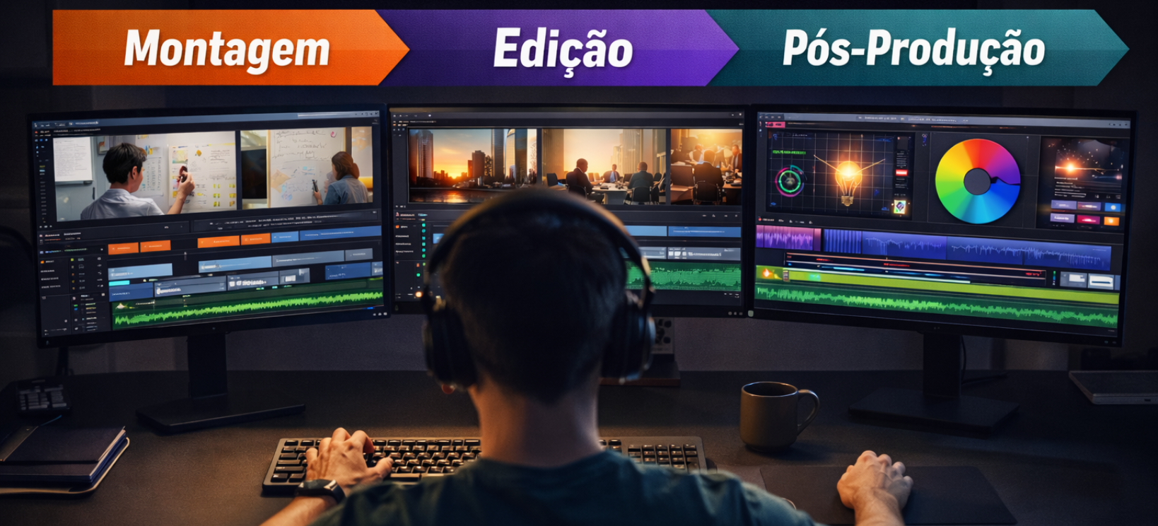 A person edits video on a computer with three screens. Text labels above displays 