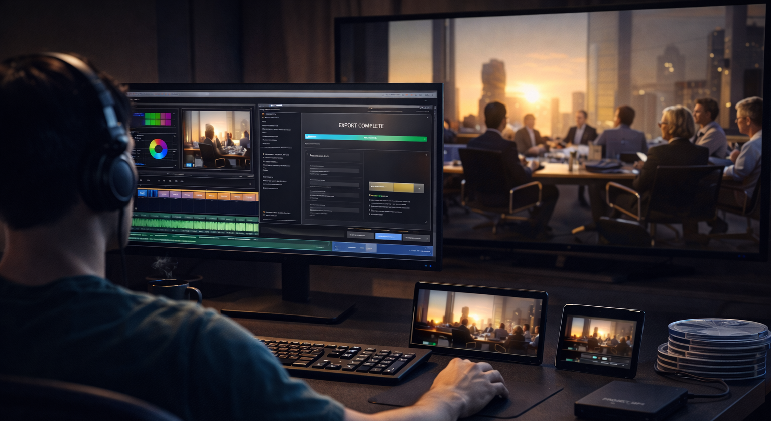 Person edits video on computer, large screen shows conference, two smaller screens show same scene.