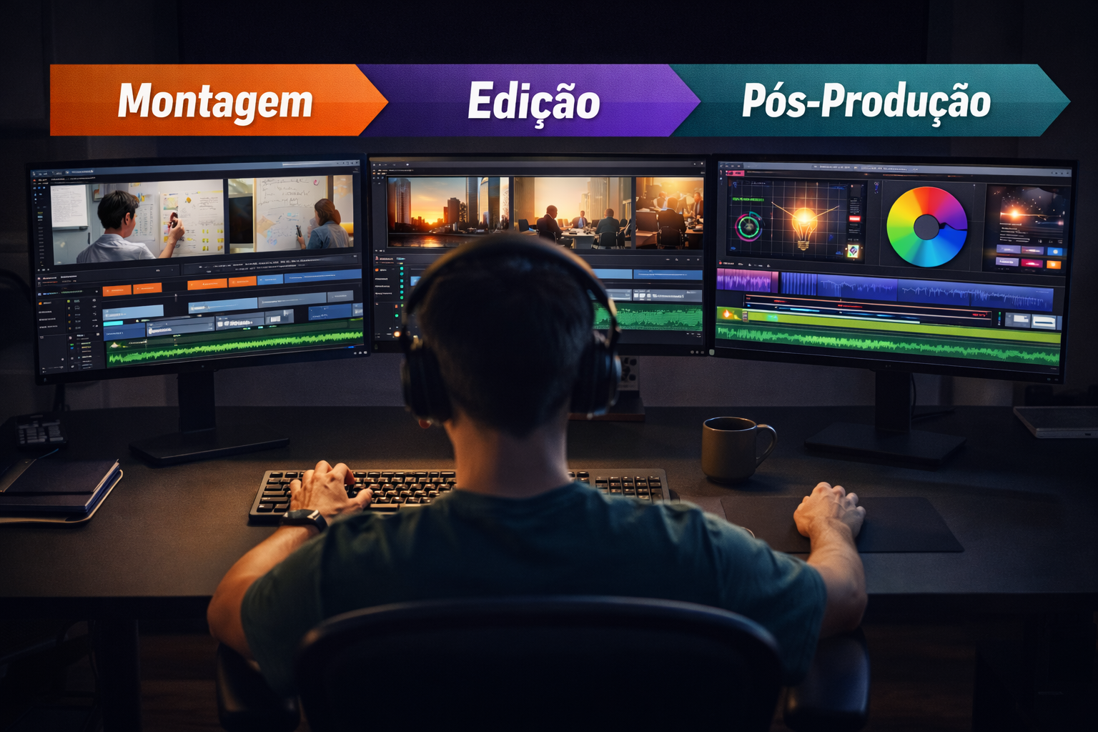 Person editing video on three monitors, labeled 