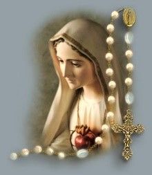 A painting of the virgin mary holding a heart and a rosary.
