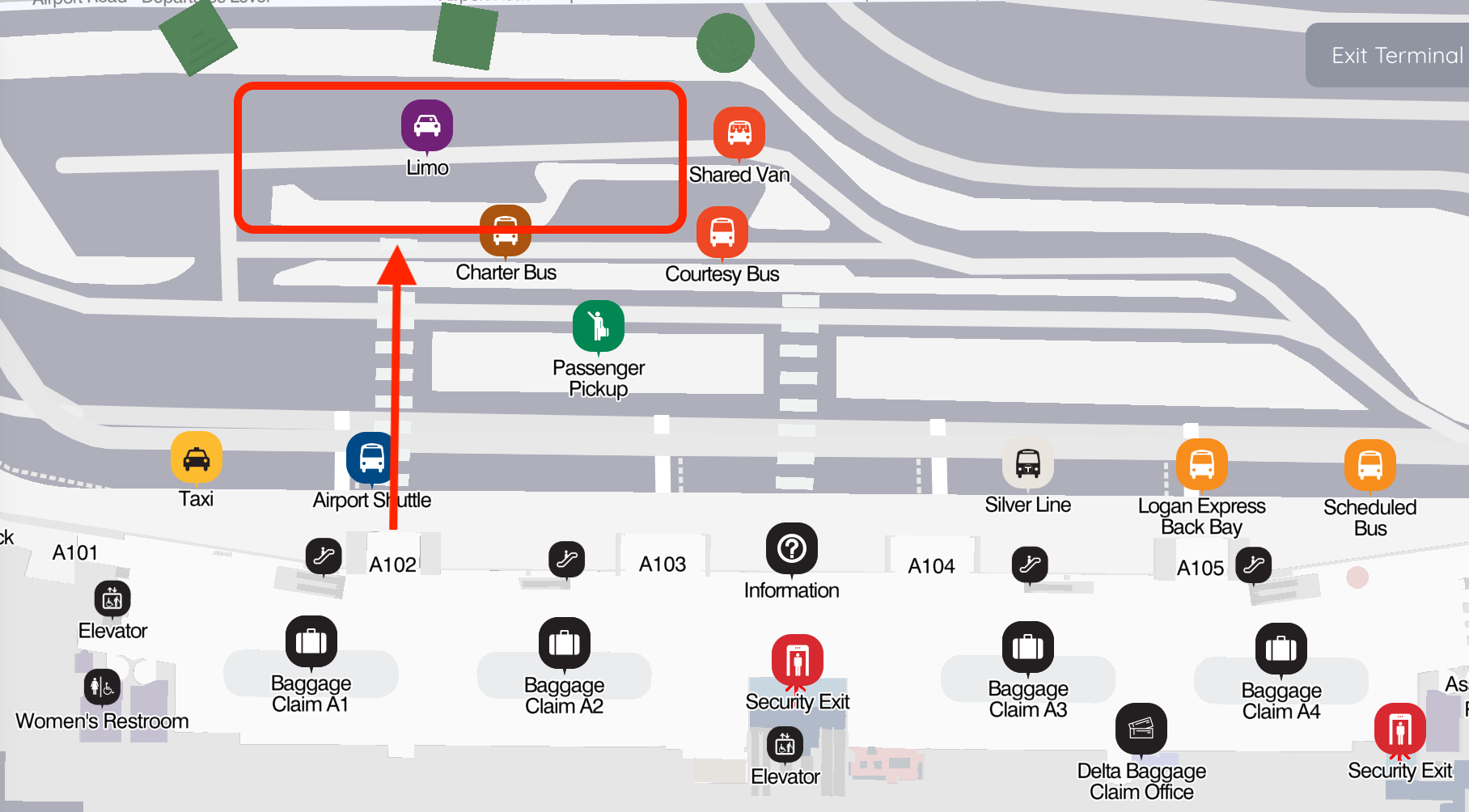 A map of an airport with a red building in the middle.