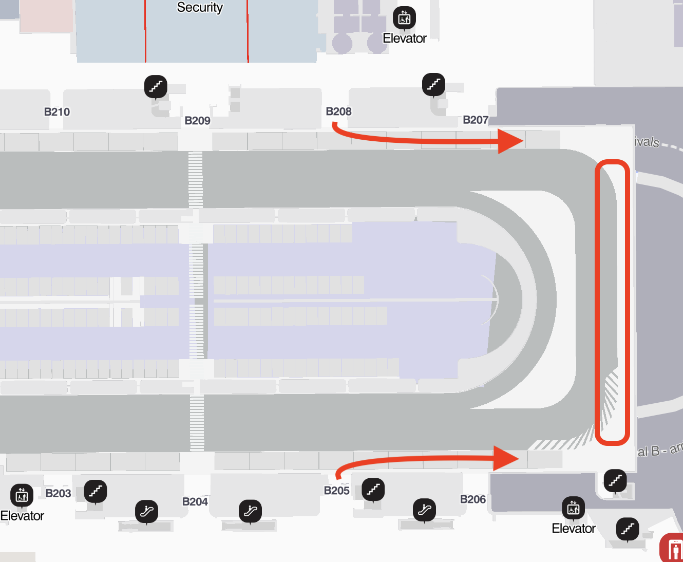 A map of an airport with a red arrow pointing to the right