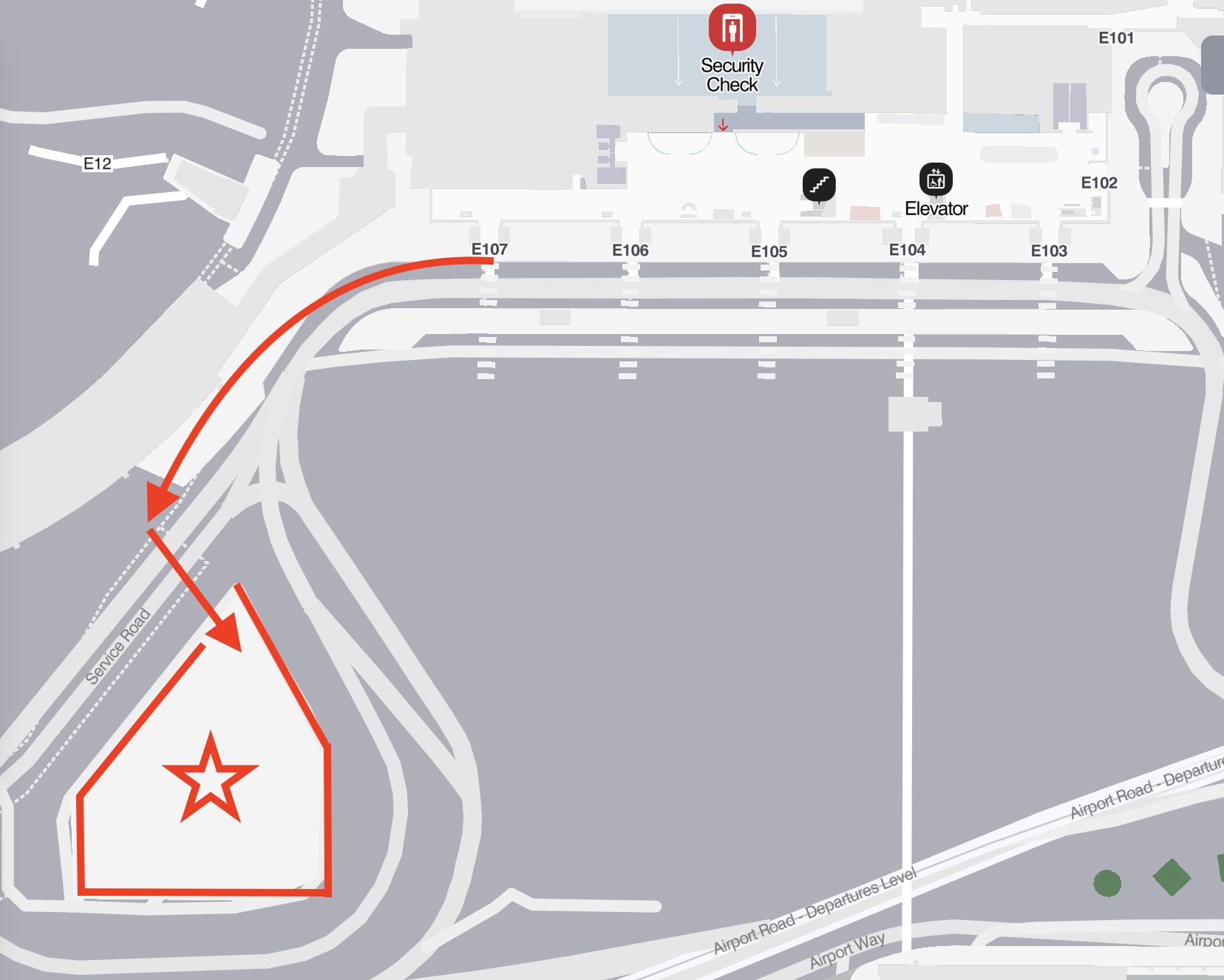 A map of an airport with a red arrow pointing to the left