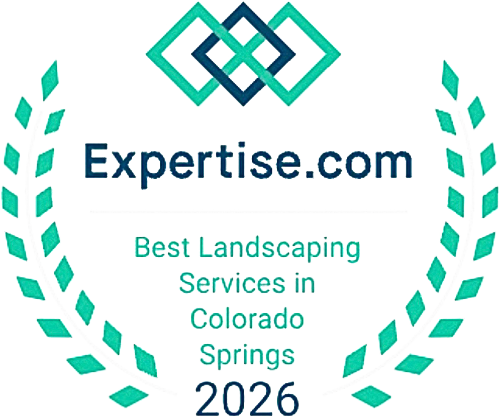 Expertise.com award: Best Landscaping Services in Colorado Springs 2026, green and blue logo in a laurel wreath.