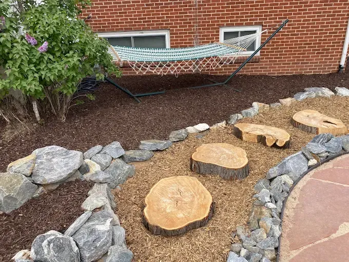 A backyard with a hammock and stepping-stone stumps surrounded by rocks and mulch, near a brick building.