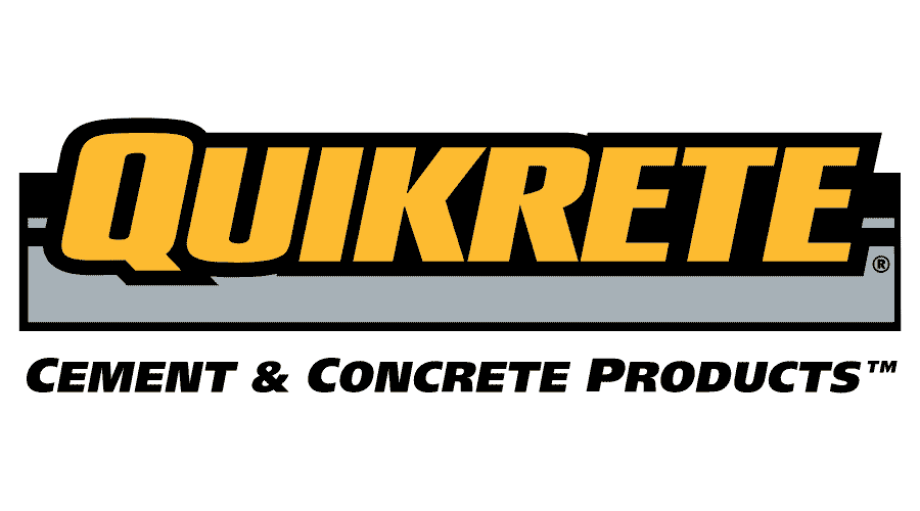 Quikrete logo: bold yellow text, black outline, over a gray rectangle; 
