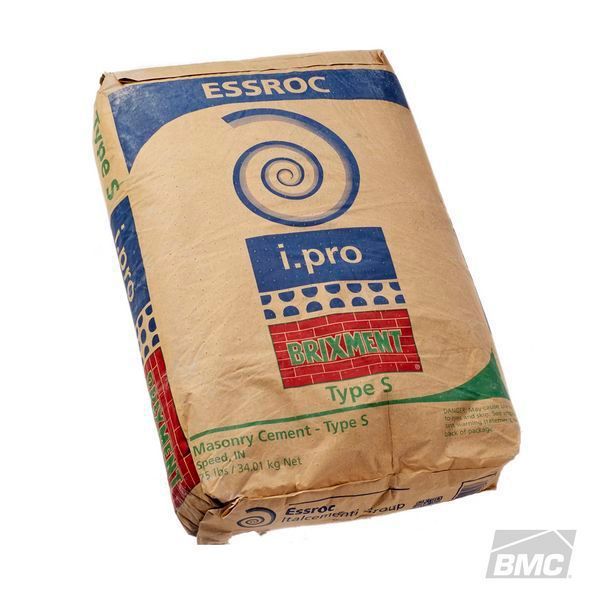 Bag of Essroc i.pro Type S masonry cement, brown bag with blue and red graphics.