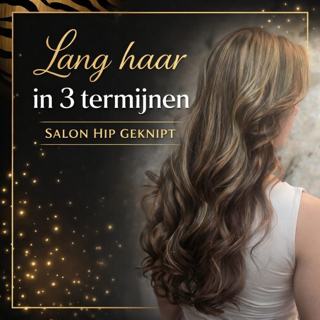 Een foto van achteren gezien van lang, golvend haar met highlights, met tekst in het Nederlands ter promotie van haarextensies bij Salon Hip Geknipt.