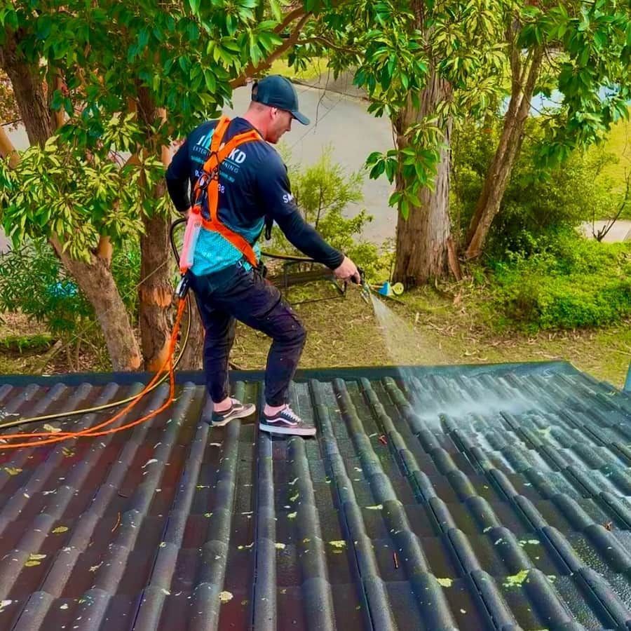 A Person in a Harness Pressure Washes a Roof Surrounded by Trees — SOAKD Exterior Cleaning in Newcastle, NSW