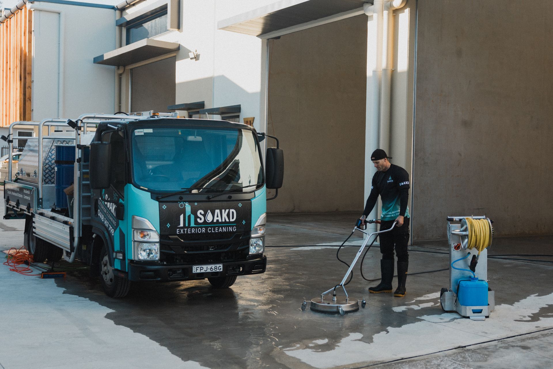 A person is cleaning a wooden fence with a high pressure washer. — Soakd In Kariong, NSW