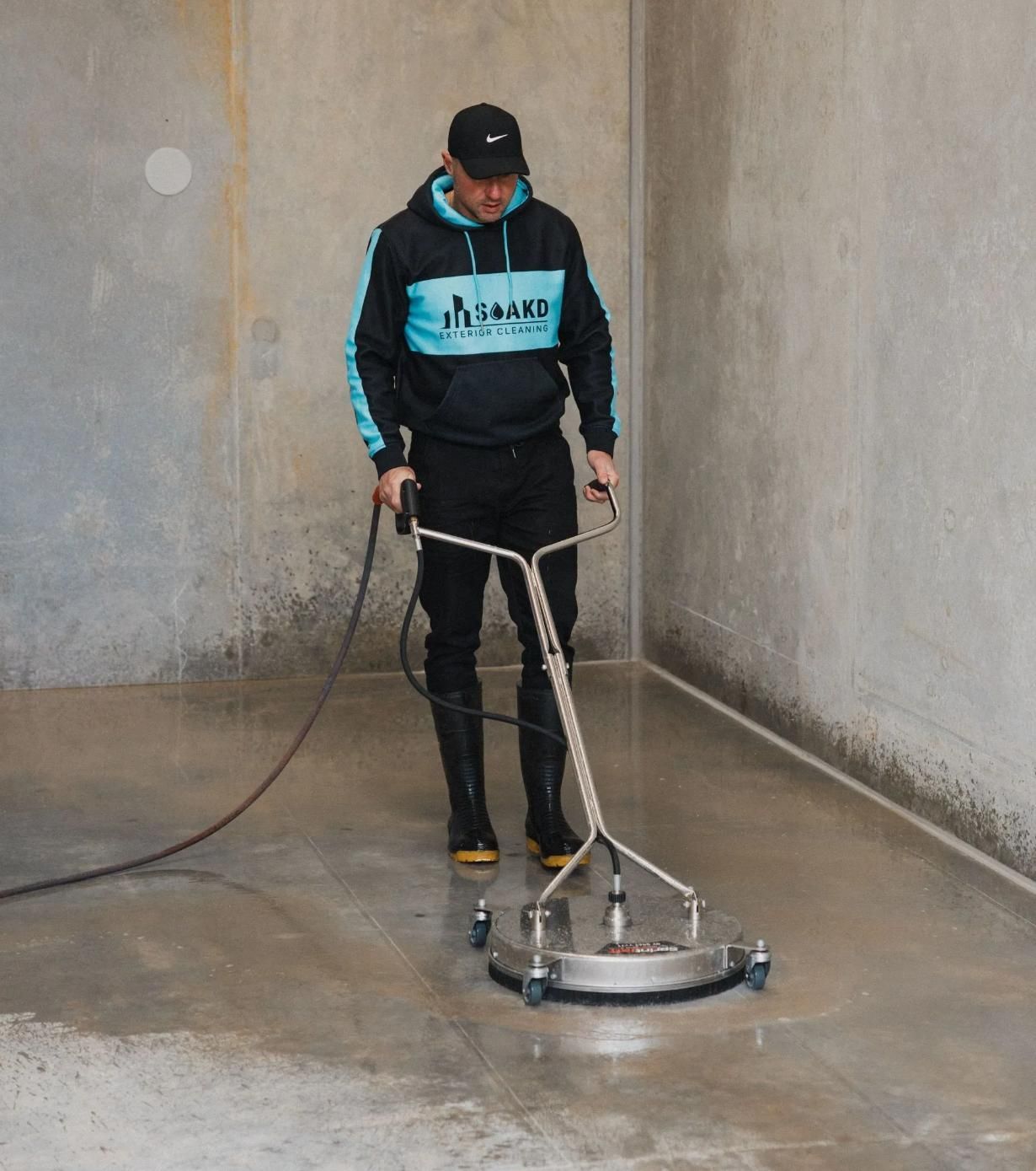 Man Power Washing Concrete Floor With Circular Cleaner — SOAKD Exterior Cleaning in Kariong, NSW