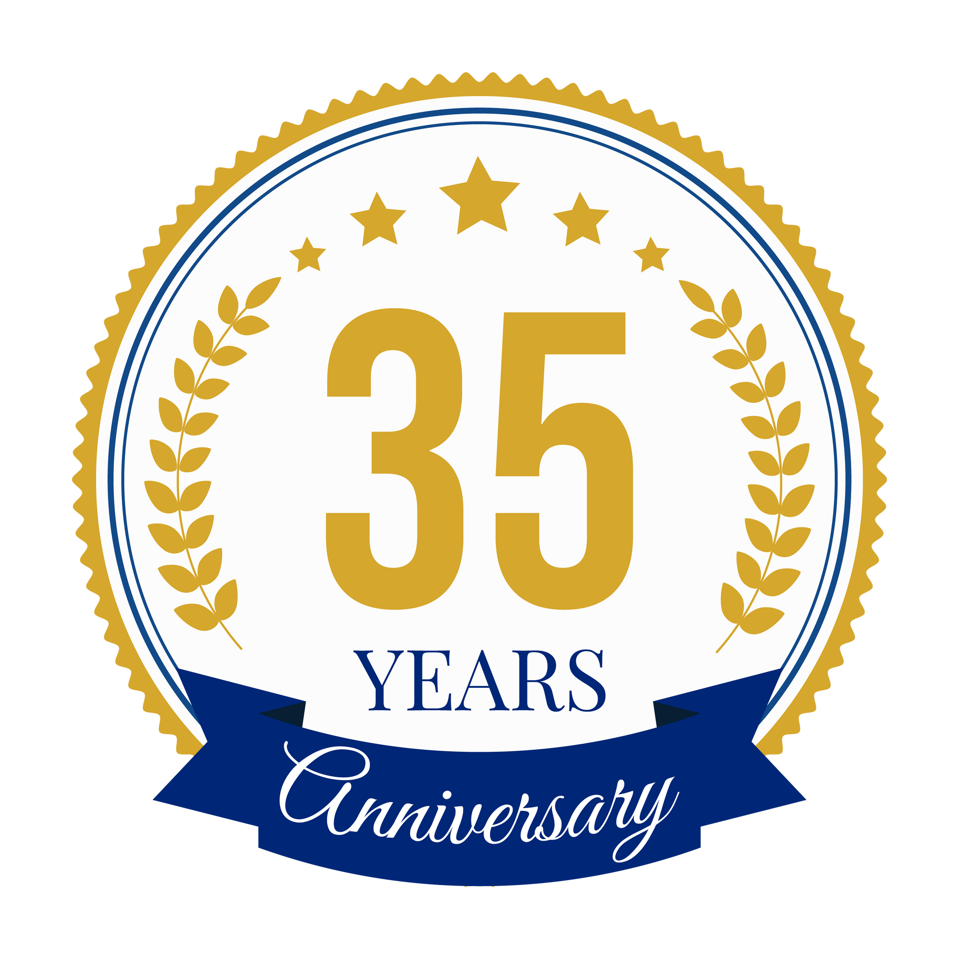 35th Anniversary seal with gold number, stars, and laurel on a blue and gold background.