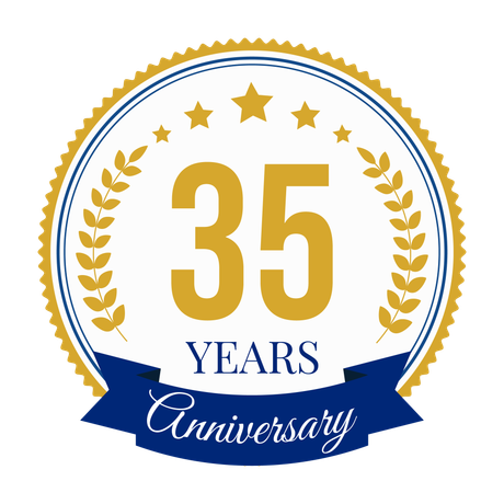 35th Anniversary seal with gold number, stars, and laurel on a blue and gold background.