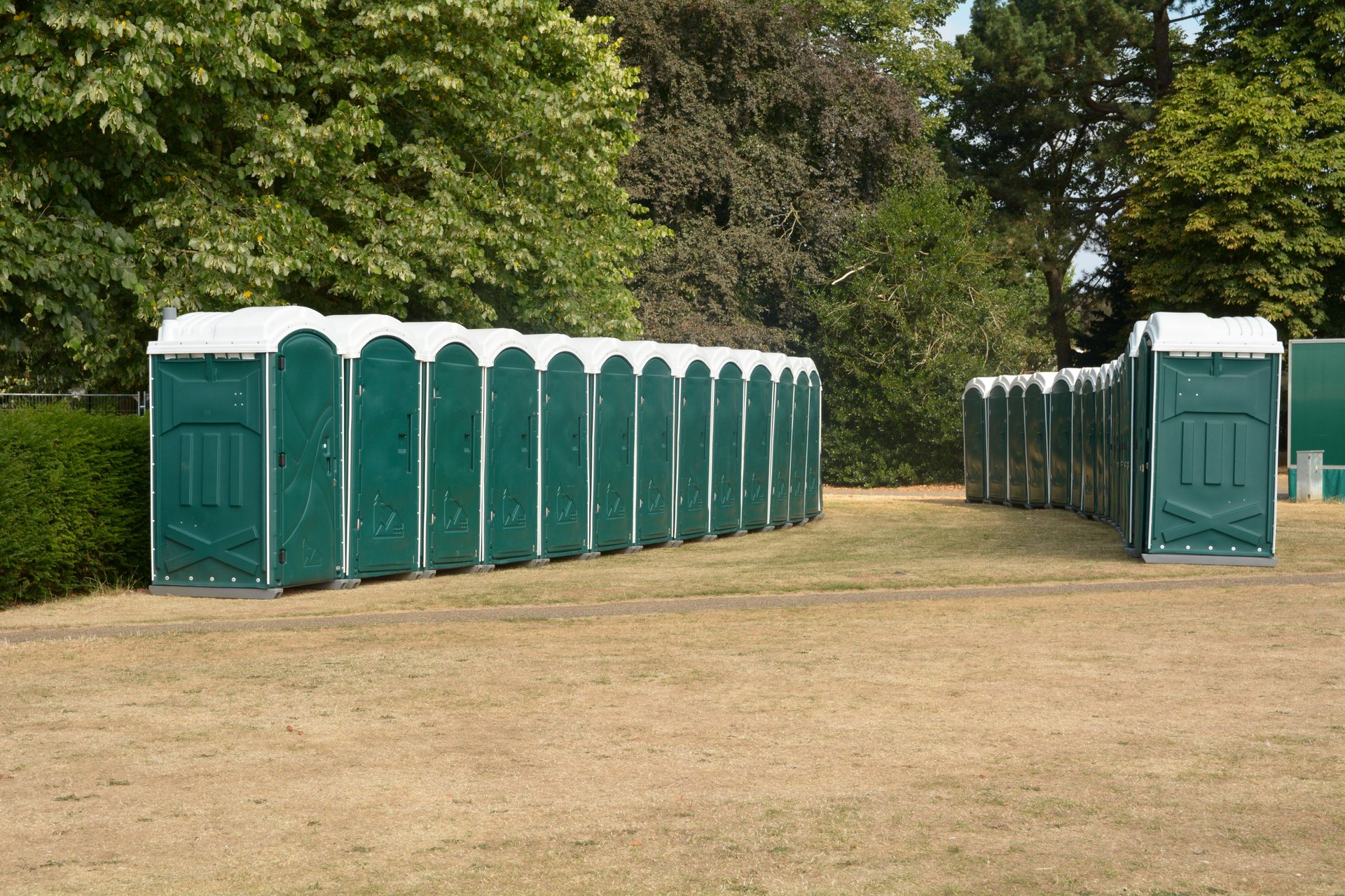 Rows of green portable toilets on a dry grassy field, trees in the background.