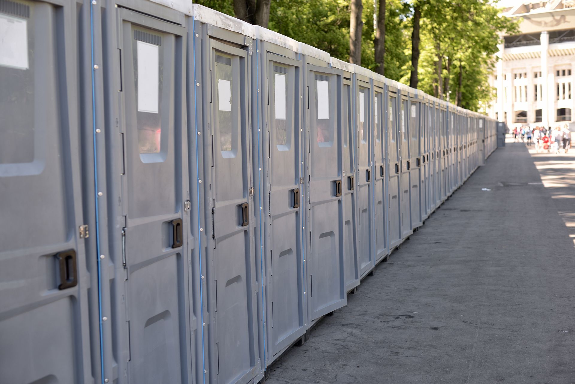 Portable restrooms for large events or gatherings around a public area. Portable restrooms for large events or gatherings around a public area.