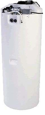 White cylindrical water filtration system with black components on top and two holes on the side.