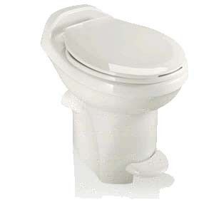 White RV toilet with a foot flush, against a white background.