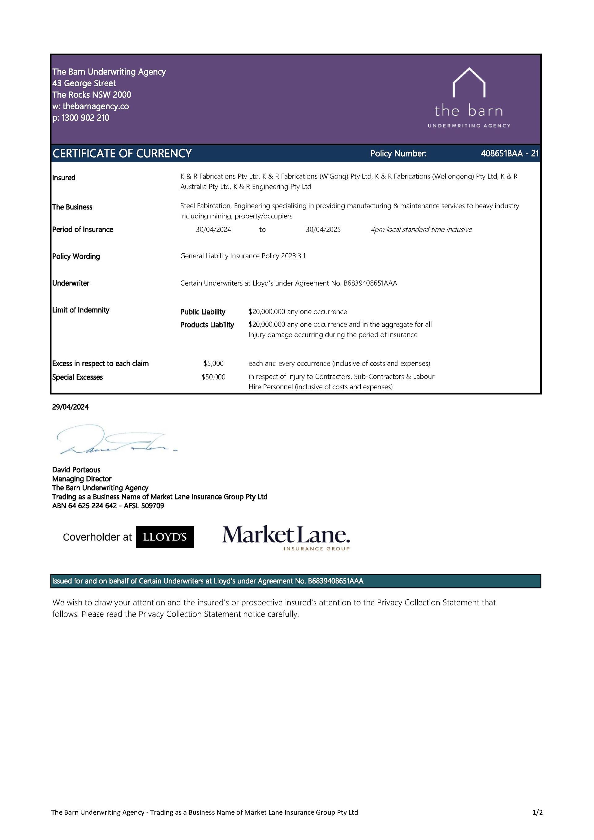 Certificate of currency