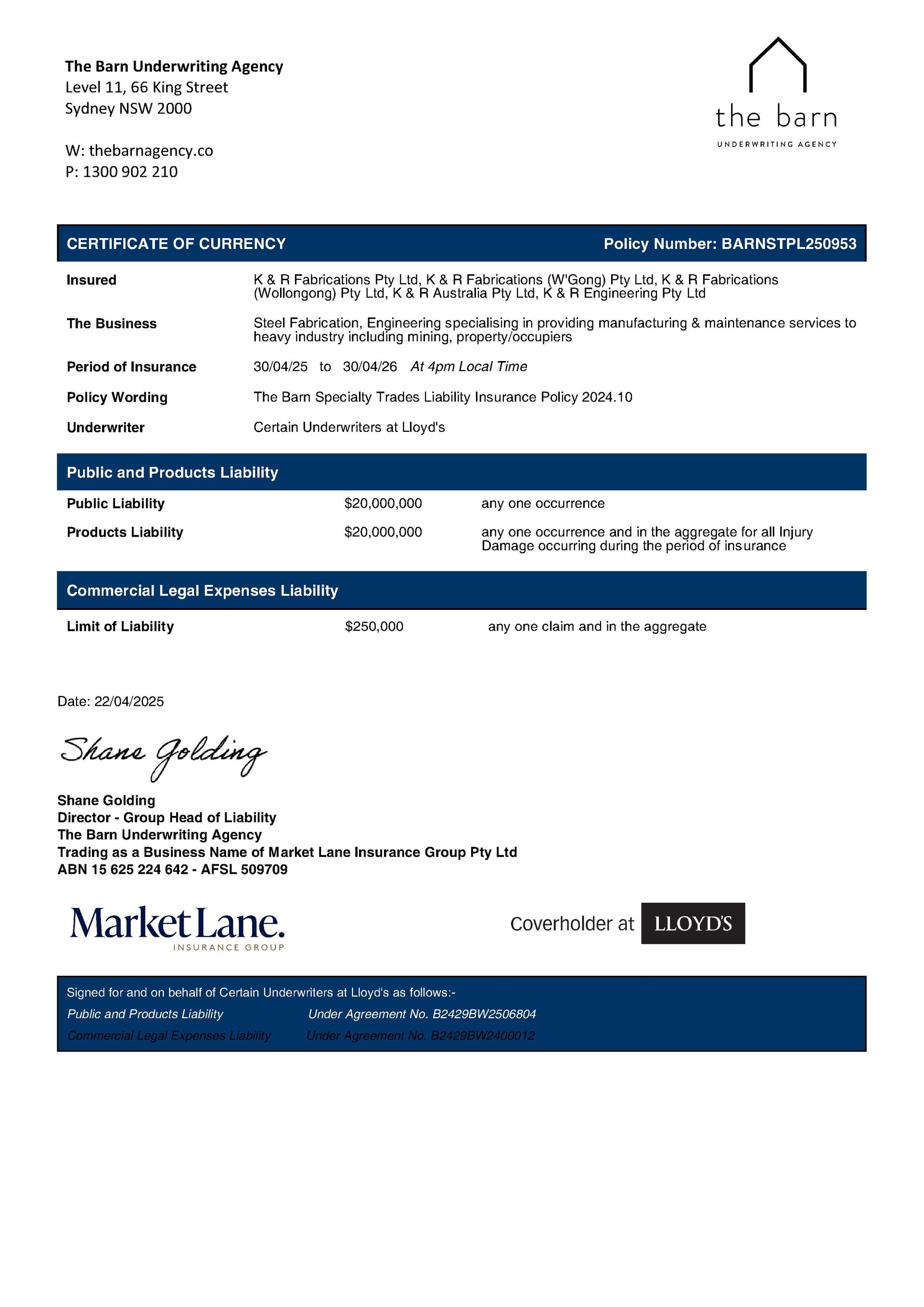 Certificate of currency
