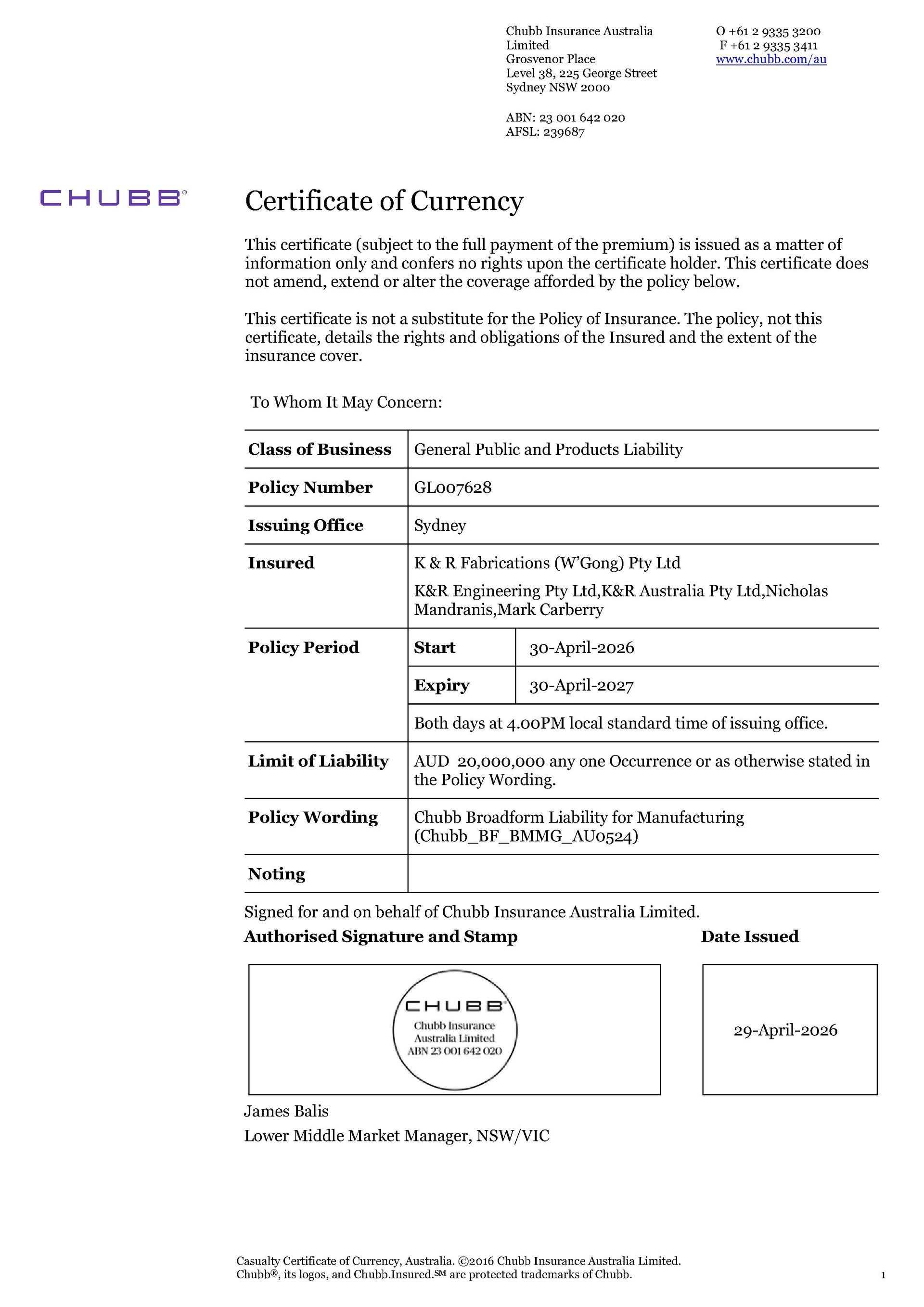 Certificate of currency