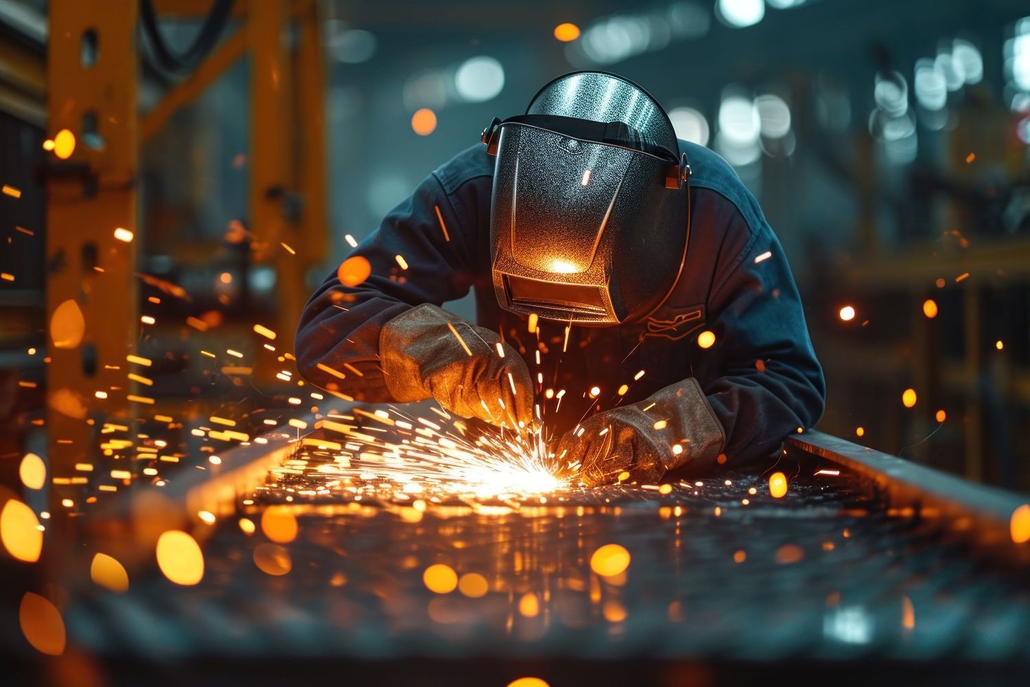 a man is welding a piece of metal in a factory