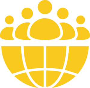 a group of people are standing around a globe