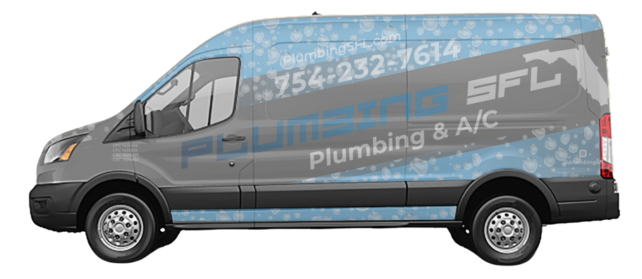 Plumbing van with business logo and Florida outline. Blue, black, and white color scheme.