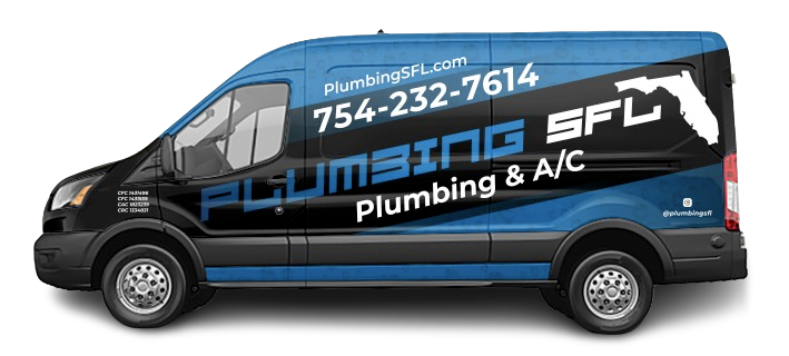 Plumbing van with business logo and Florida outline. Blue, black, and white color scheme.