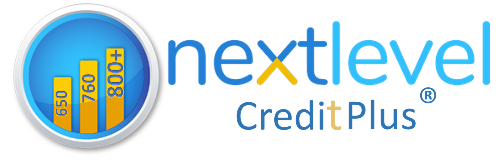 A blue and yellow logo for nextlevel credit plus