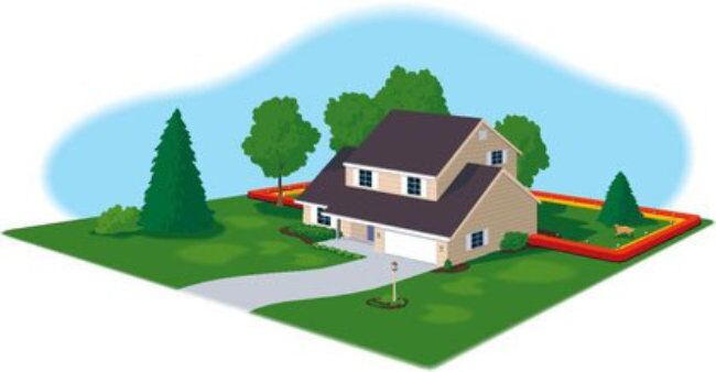 An isometric drawing of a house with trees and a driveway