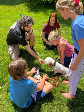 A group of people are sitting in the grass with a dog.