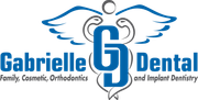 Logo for Gabrielle Dental featuring a blue "GD" monogram intertwined with a caduceus, set above company services text.
