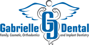 Logo for Gabrielle Dental featuring a blue "GD" monogram intertwined with a caduceus, set above company services text.