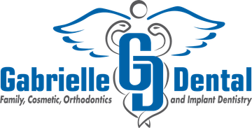 Logo for Gabrielle Dental featuring a blue "GD" monogram intertwined with a caduceus, set above company services text.