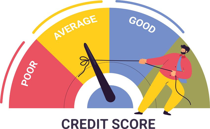 A man is pulling a rope around a credit score gauge.
