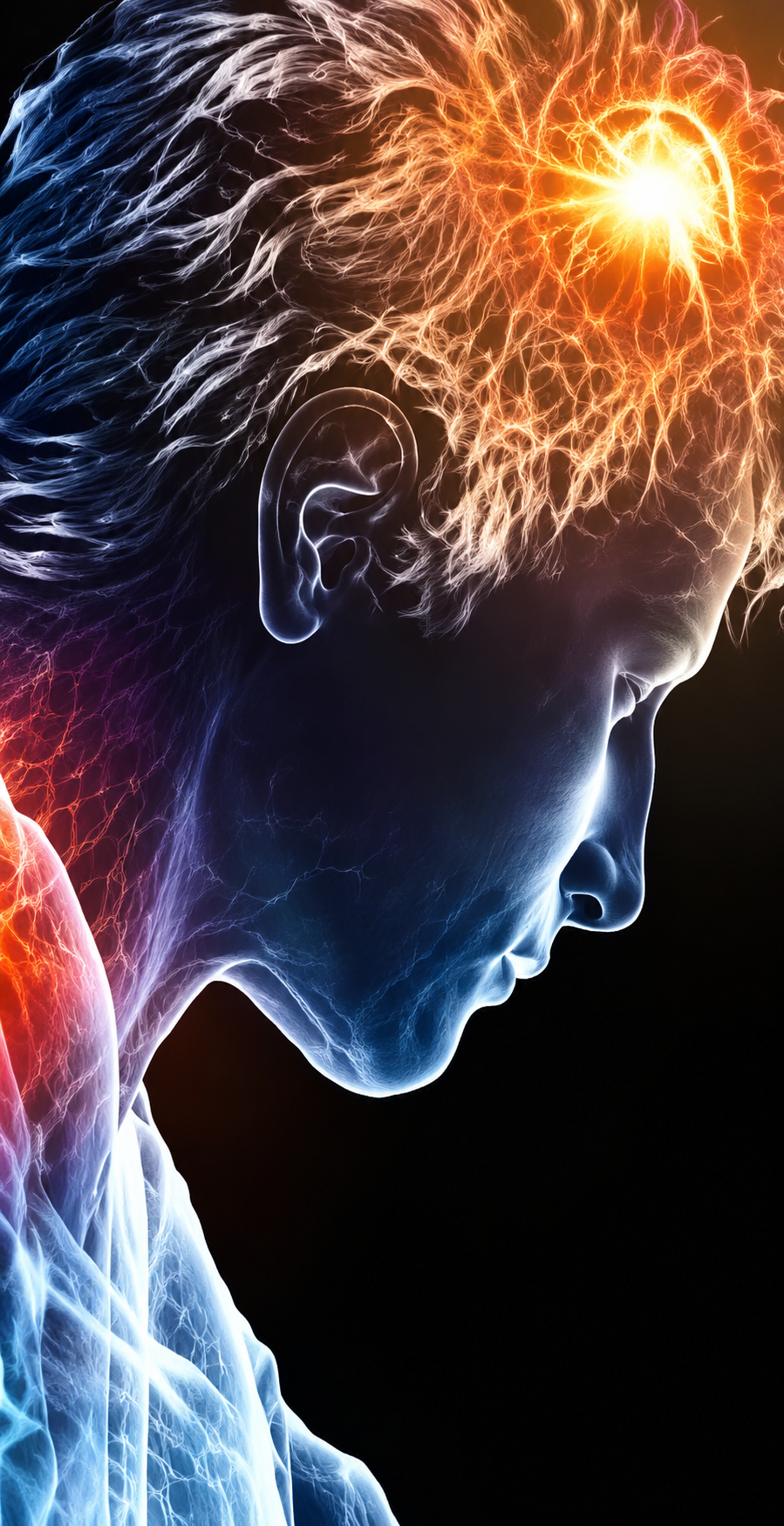 Glowing blue human profile with fiery orange light in the brain area on a dark background