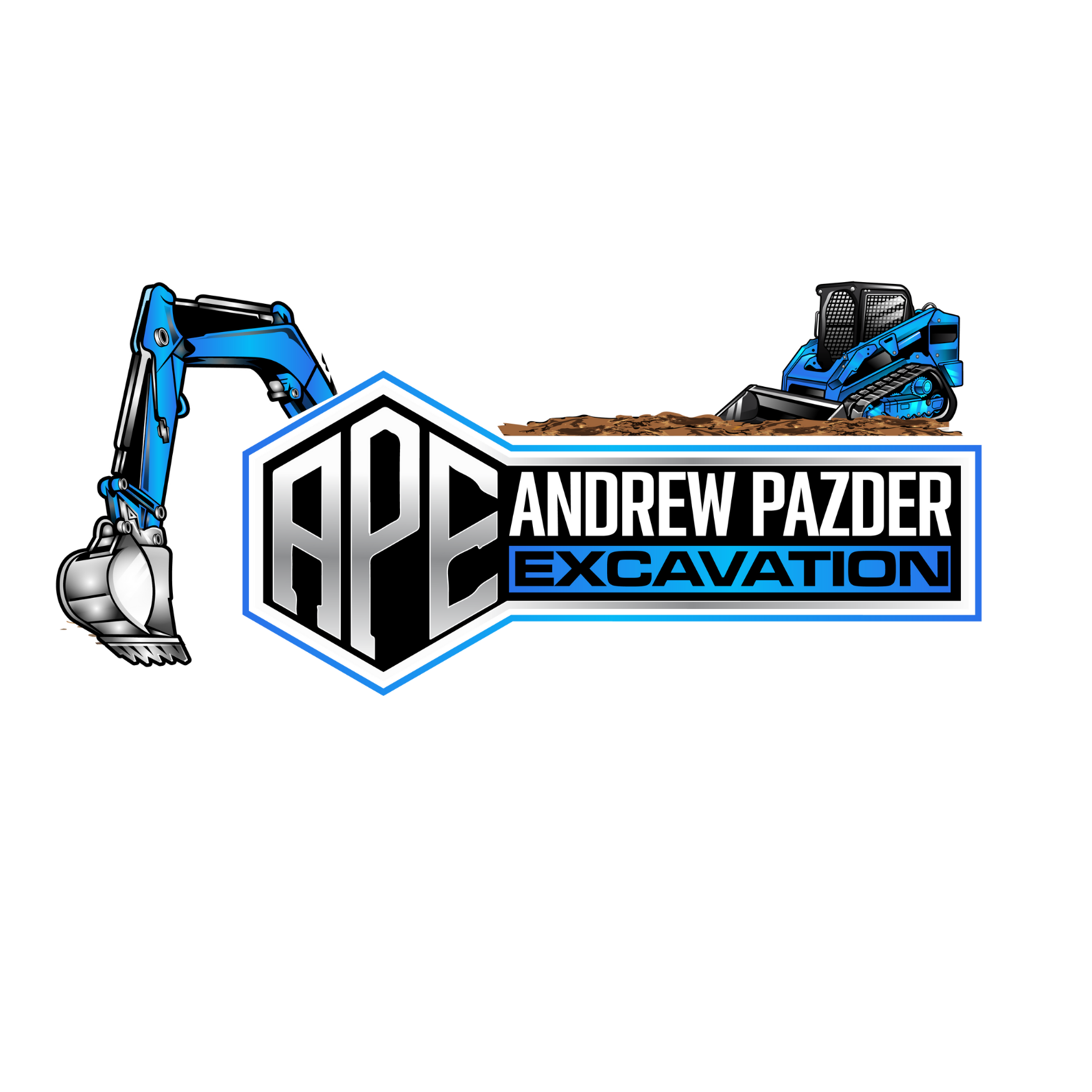 Logo for Andrew Pazder Excavation: Blue excavator arm and machine with the company name, logo and dirt.