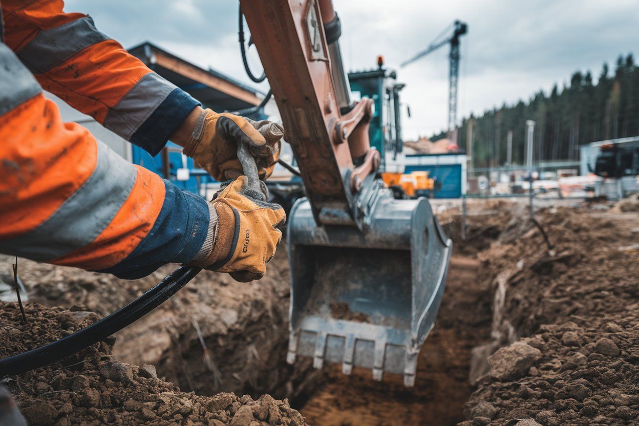 A large excavator is digging a hole in the ground on a construction site.