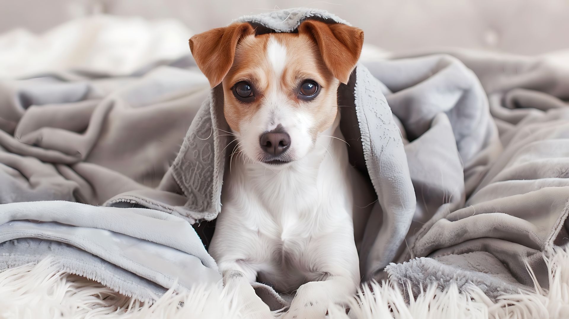 A small dog is laying under a blanket on a bed.