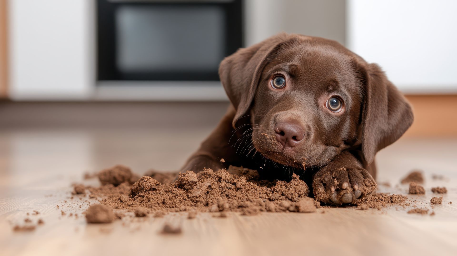 A brown puppy is laying on a pile of dirt on the floor.