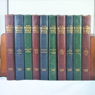 A collection of wonder world books are lined up in a row