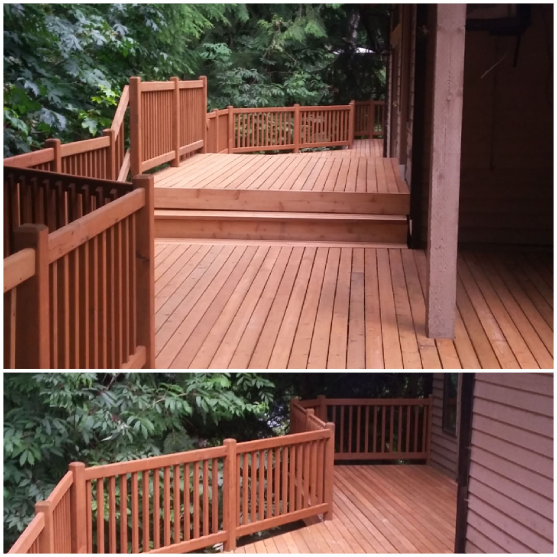 Two-level wooden deck with railings, surrounded by trees. Brown wood, natural light.