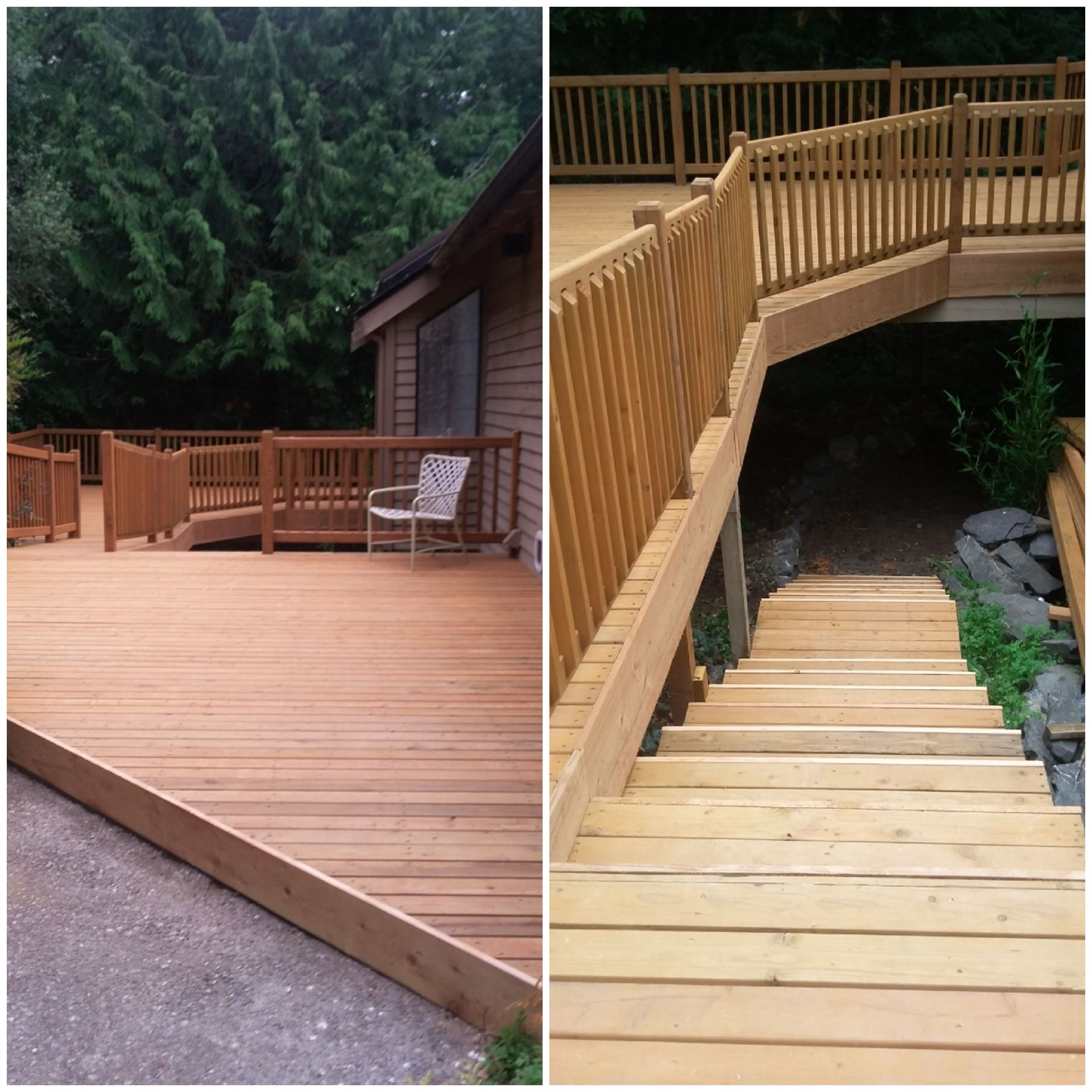 Wooden deck and stairs leading down, set against a backdrop of trees.