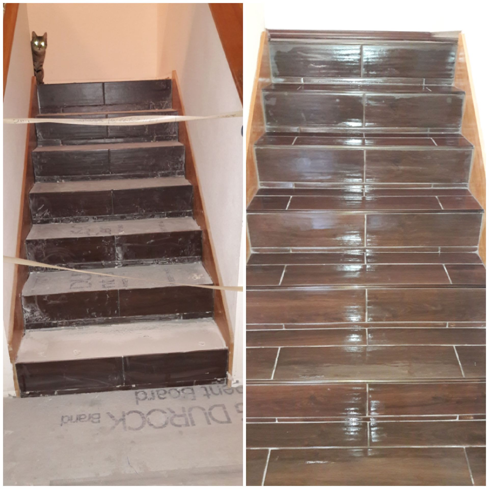 Before and after of staircase renovation; brown wood-look tiles installed on steps.