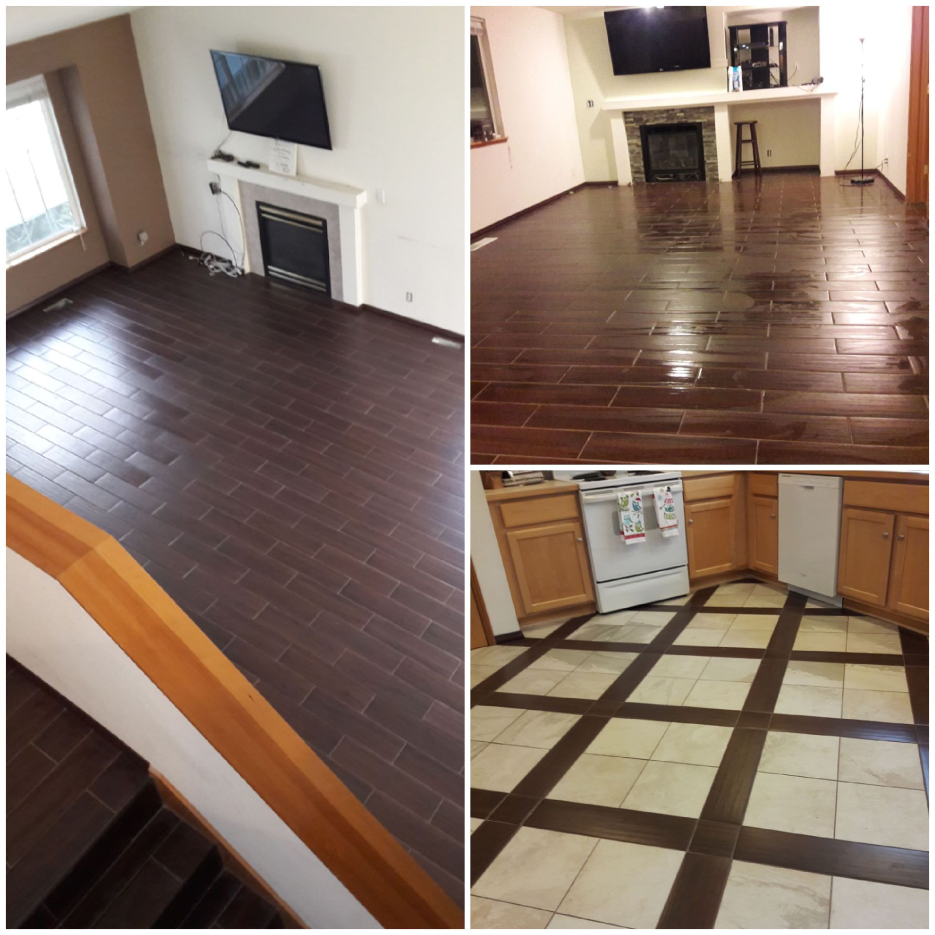 Three photos showcasing dark brown tiled flooring in a living room, fireplace and kitchen.