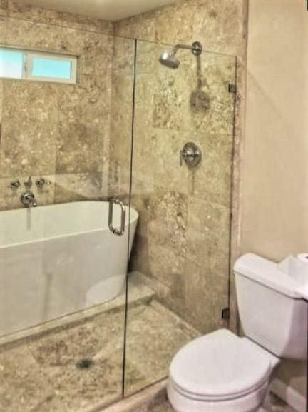 A bathroom with a toilet , tub , shower and glass door.