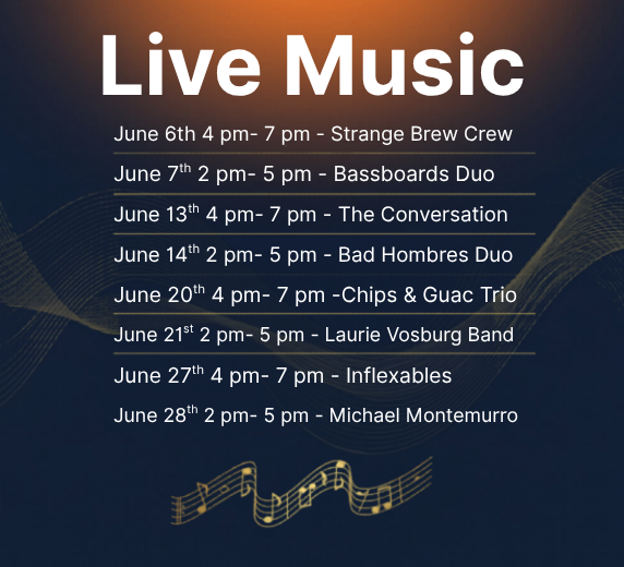 Live Music event flyer on a dark blue background with June performance dates and band names listed.